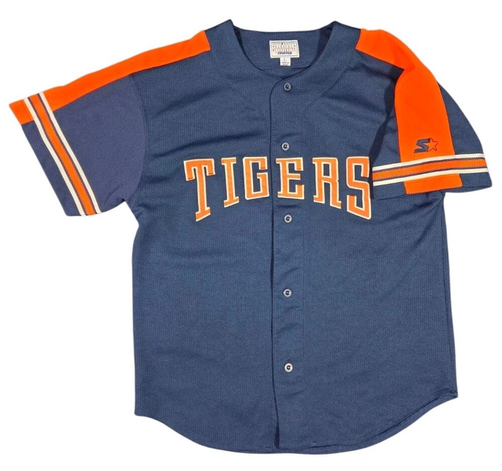 Vintage 90s Detroit Tigers Baseball Jersey Spellout Starter MLB Button-Up Large